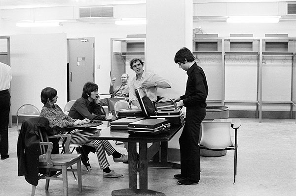 Ringo, George and Paul backstage at Shea Stadium with Neil Aspinall on August 24, 1966